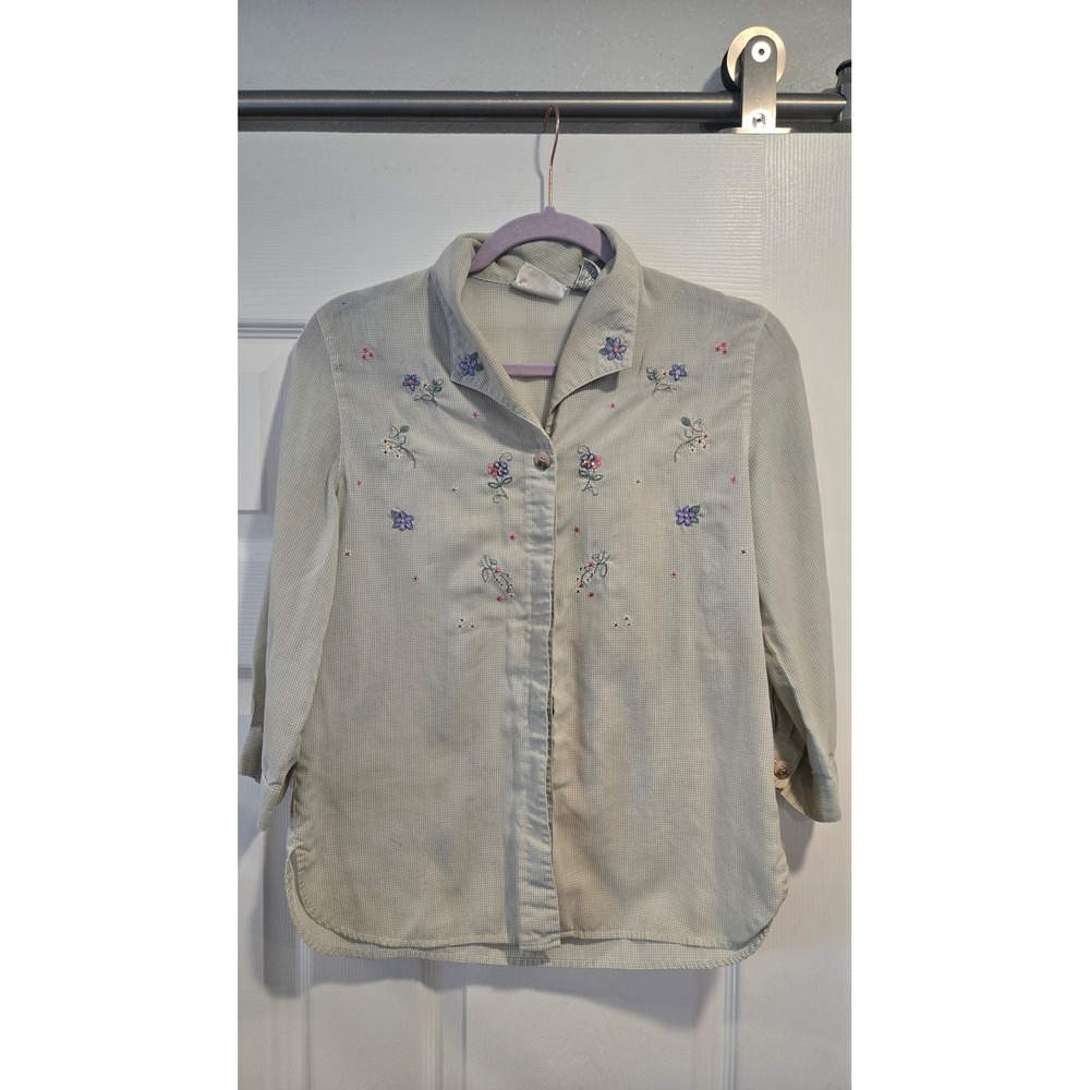 Napa Valley Petites Green Gingham Floral Embroidered Button Down Shirt Size P